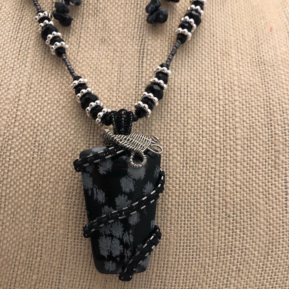 Wire Wrapped Obsidian Necklace, Bracelet, Earrings